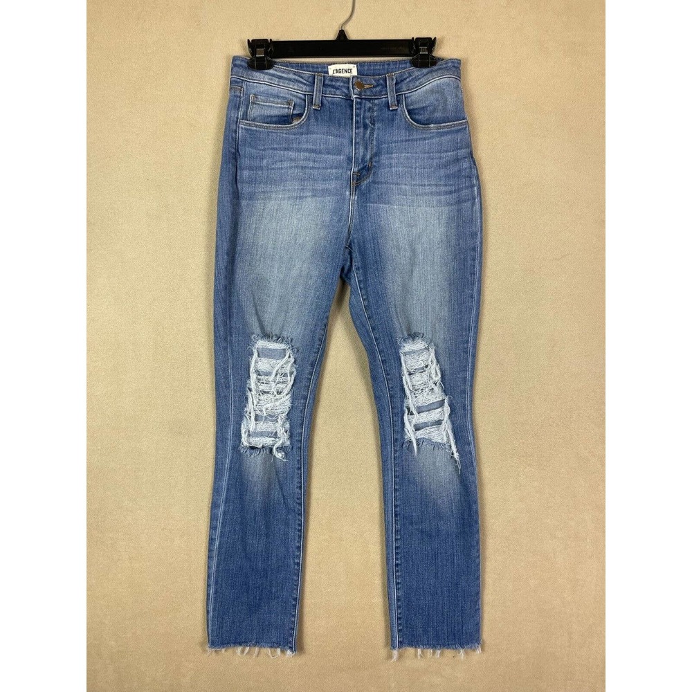 L'angence High Rise Jeans Womens 28 Distressed Stretch Raw Hem Regular Fit Blue